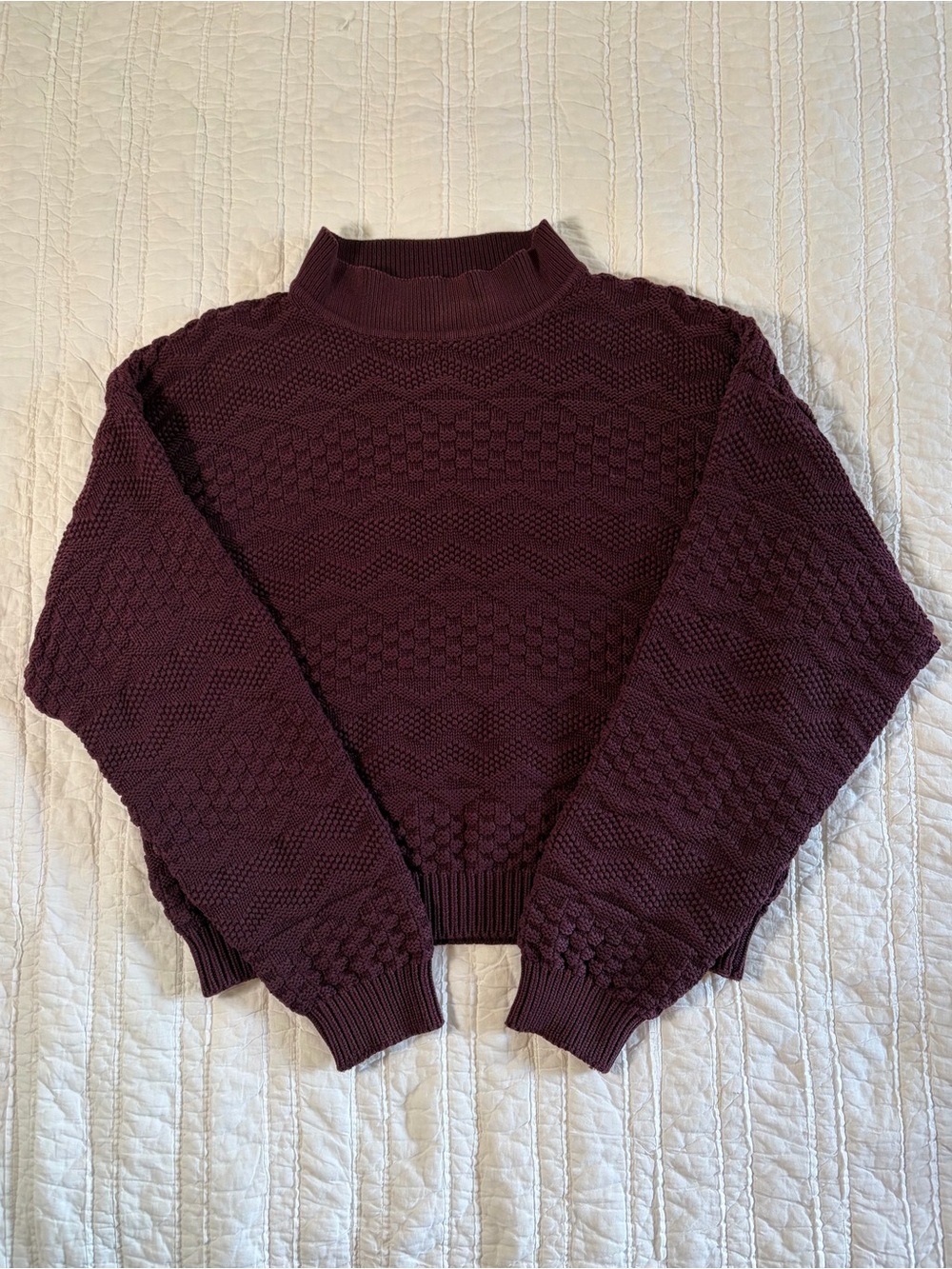 Mora Moratti Vintage 90s Maroon Mock Neck Textured Knit Cotton Sweater M